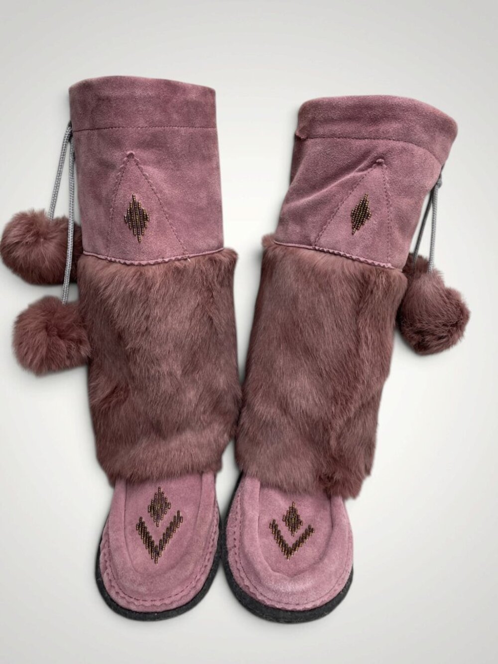 Muks Suede Leather Rabbit Fur Beaded Mukluks Mauve Pink Winter Boots Women's 7 - Picture 5 of 12